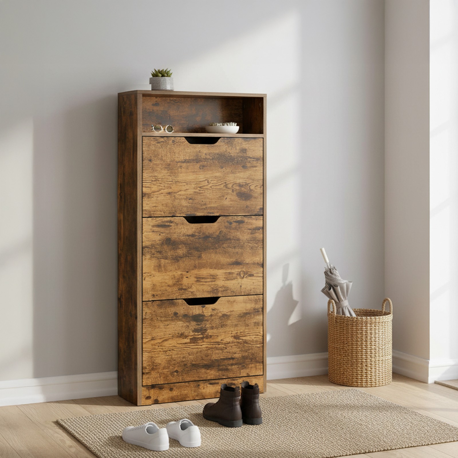 Batų spintelė su 3 atveriamomis durelėmis ir lentyna, ruda Batų spintelė su 3 atveriamomis durelėmis ir lentyna, ruda Akcija