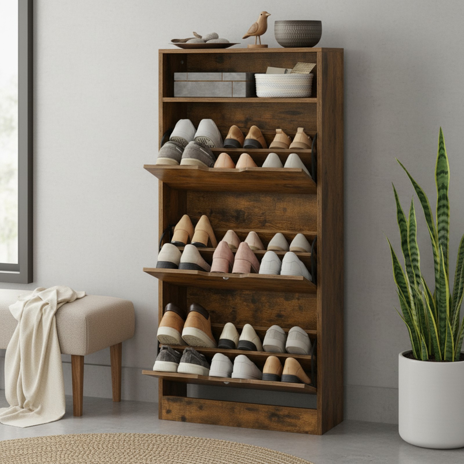 Batų spintelė su 3 atveriamomis durelėmis ir lentyna, ruda Batų spintelė su 3 atveriamomis durelėmis ir lentyna, ruda Akcija