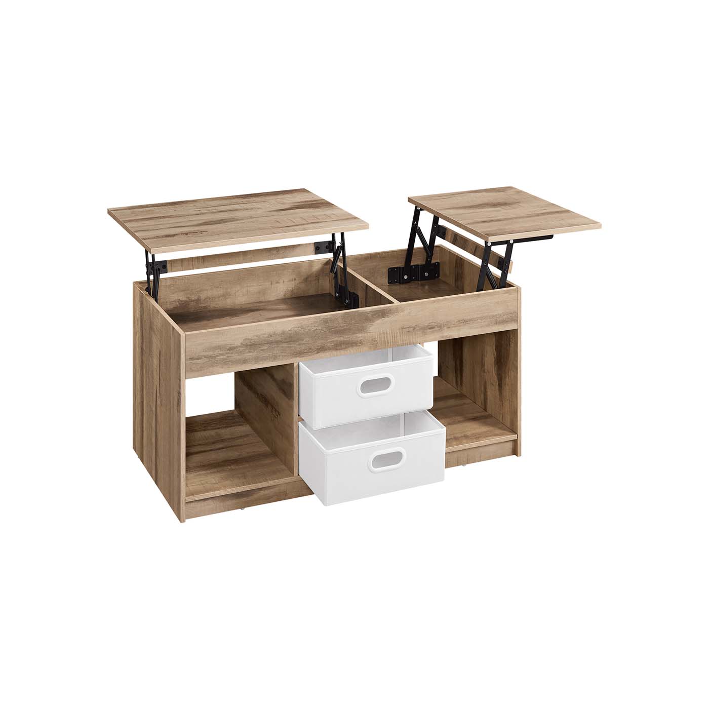 Kavos staliukas su 2 stalčiais ir skyriais, pakeliamais stalviršiais, rudos spalvos Kavos staliukas su 2 stalčiais ir skyriais, pakeliamais stalviršiais, rudos spalvos