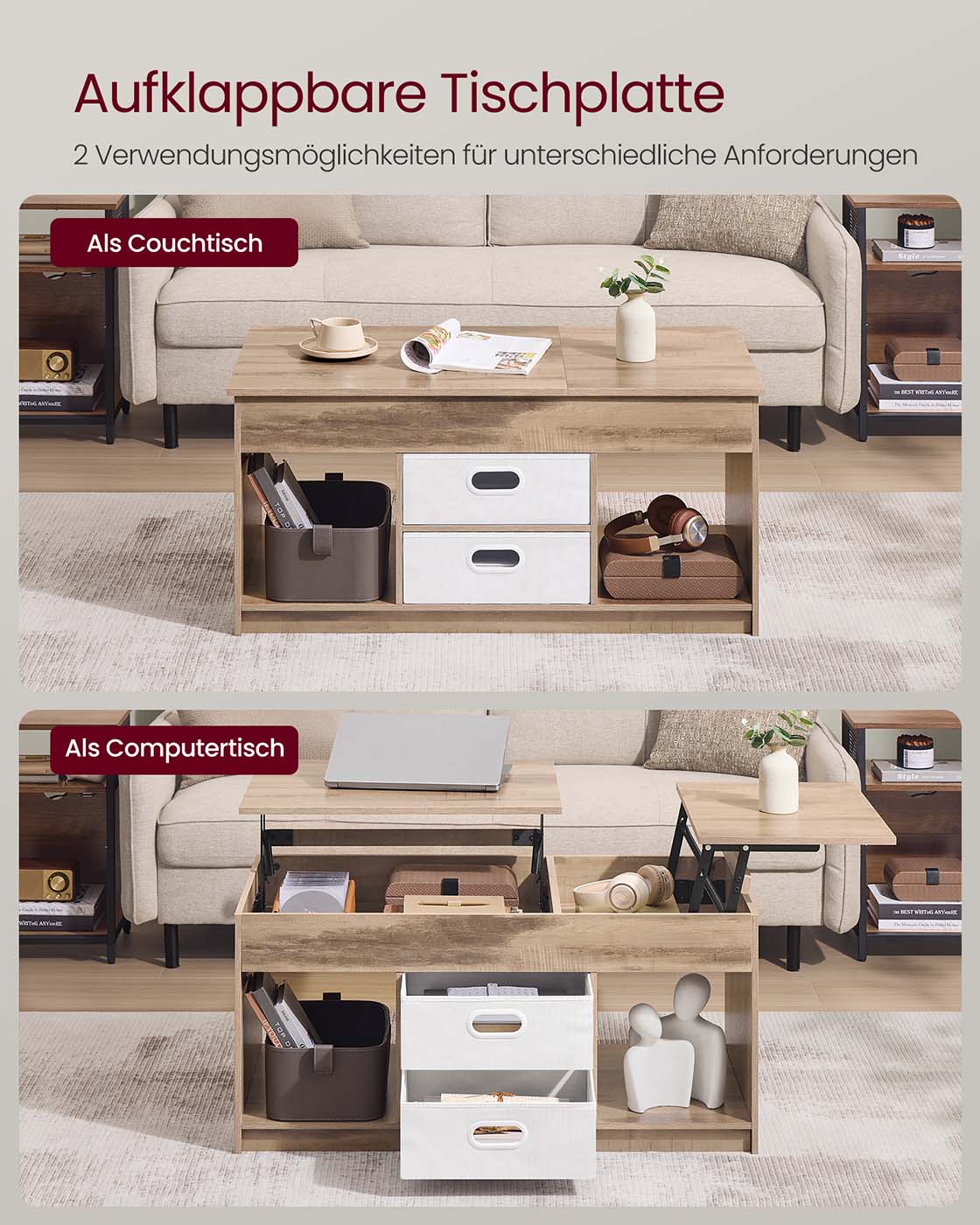 Kavos staliukas su 2 stalčiais ir skyriais, pakeliamais stalviršiais, rudos spalvos 3 Kavos staliukas su 2 stalčiais ir skyriais, pakeliamais stalviršiais, rudos spalvos 3