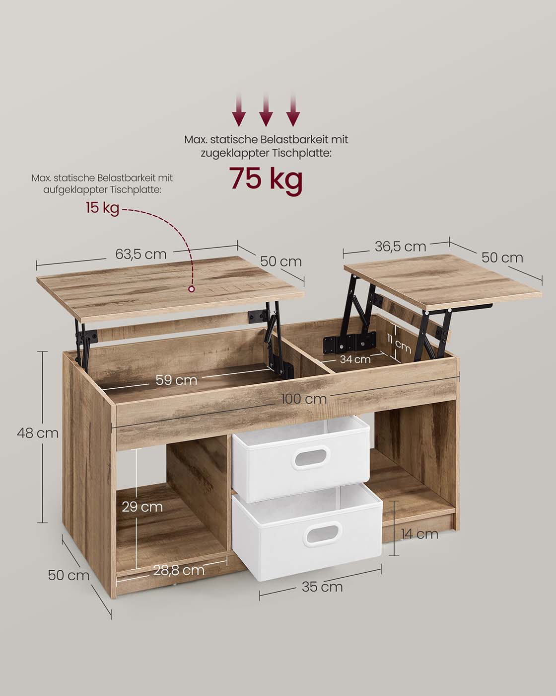 Kavos staliukas su 2 stalčiais ir skyriais, pakeliamais stalviršiais, rudos spalvos 6 Kavos staliukas su 2 stalčiais ir skyriais, pakeliamais stalviršiais, rudos spalvos 6