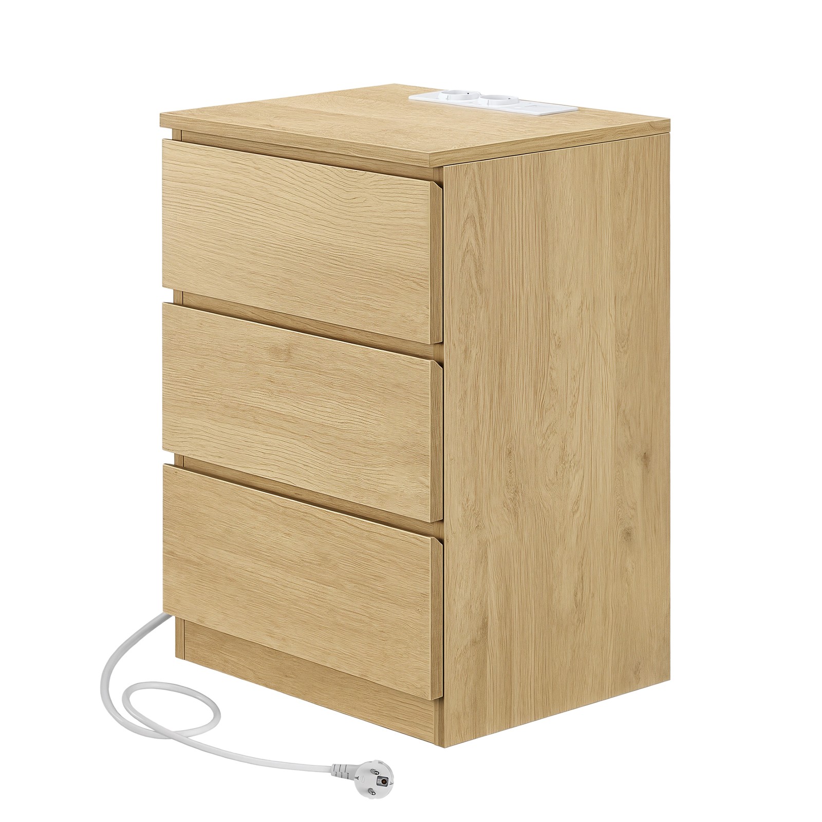 Naktiniai staliukai, 2 vnt. komplektas su 3 stalčiais, šviesios medienos spalvos Naktiniai staliukai, 2 vnt. komplektas su 3 stalčiais, šviesios medienos spalvos