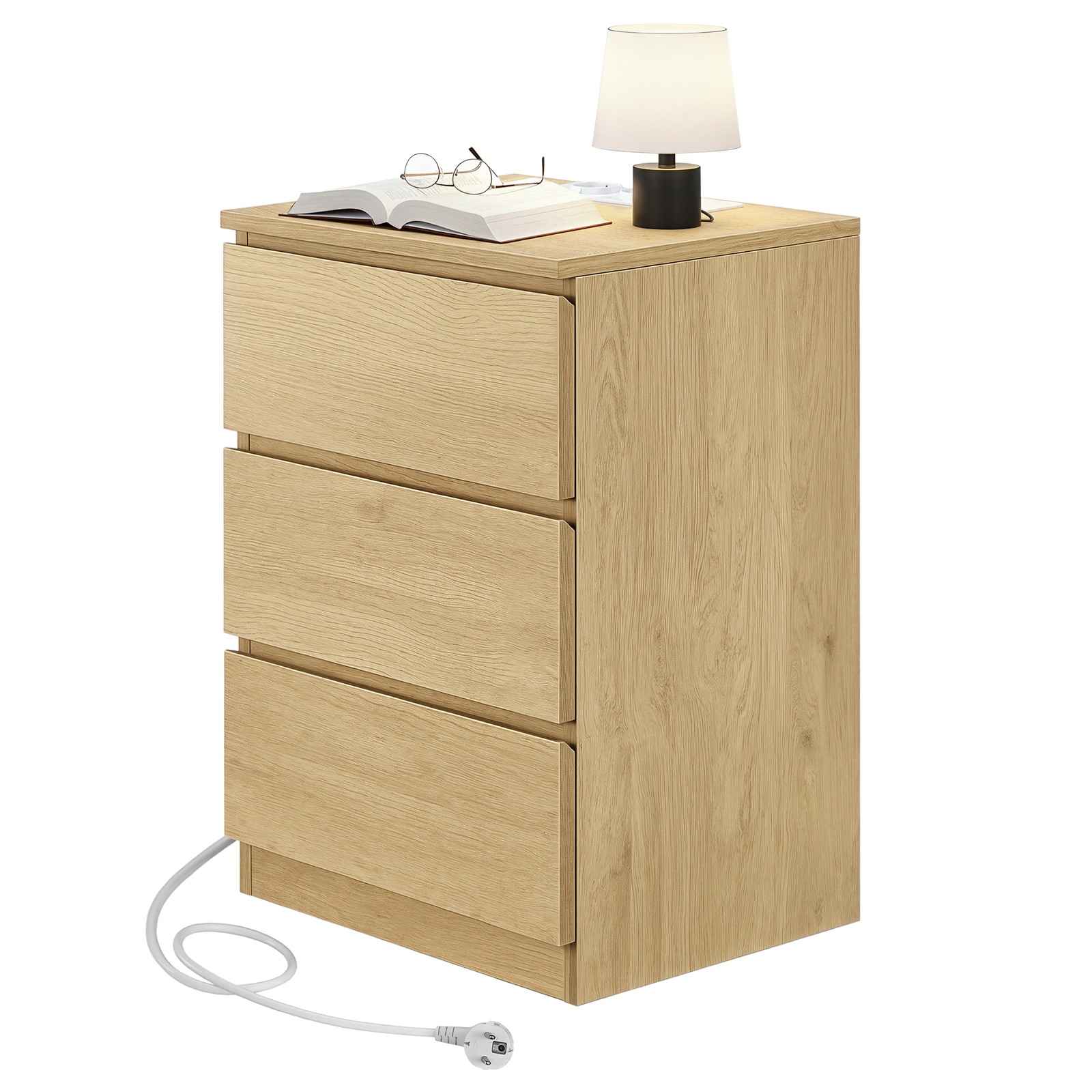 Naktiniai staliukai, 2 vnt. komplektas su 3 stalčiais, šviesios medienos spalvos 2 Naktiniai staliukai, 2 vnt. komplektas su 3 stalčiais, šviesios medienos spalvos 2