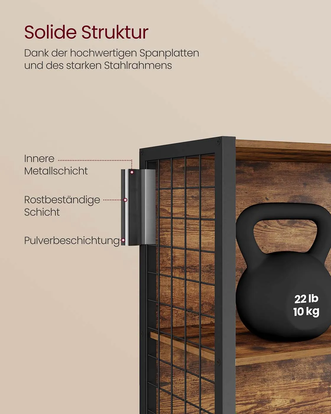 Pastatoma industrinė lentyna su plieno tinklo detalėmis, ruda–juoda Pastatoma industrinė lentyna su plieno tinklo detalėmis, ruda–juoda Knygų lentynos
