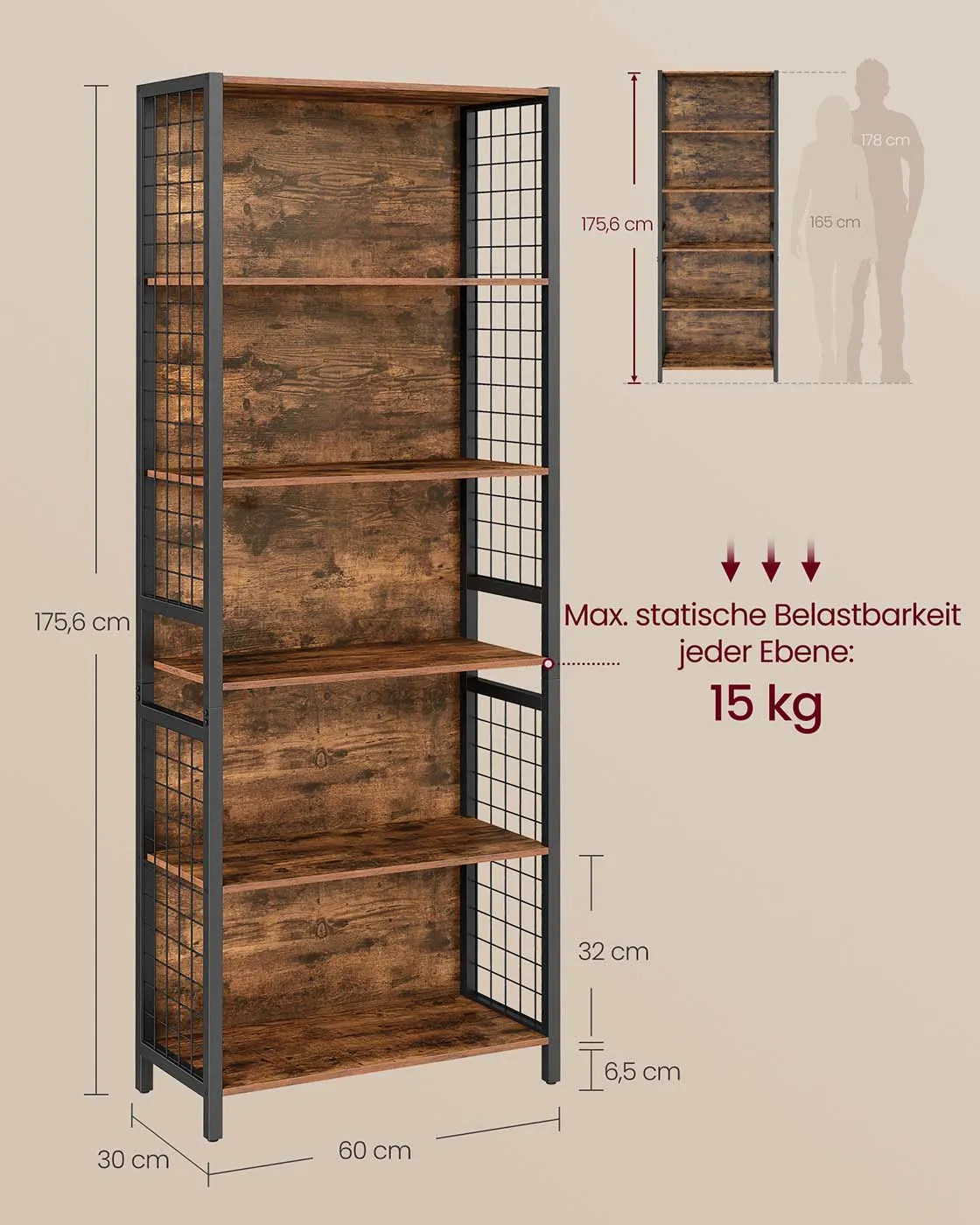 Pastatoma industrinė lentyna su plieno tinklo detalėmis, ruda–juoda Pastatoma industrinė lentyna su plieno tinklo detalėmis, ruda–juoda Knygų lentynos