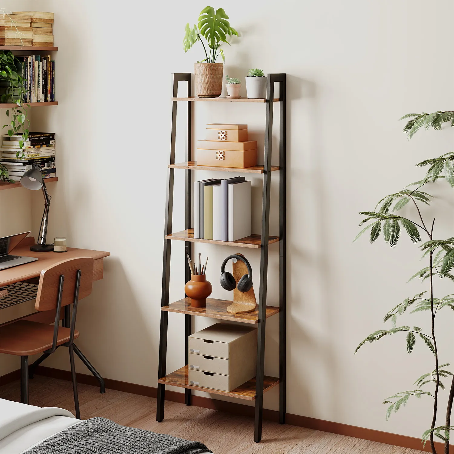 5 pakopų pastatoma knygų lentyna, industrinė ruda–juoda 5 pakopų pastatoma knygų lentyna, industrinė ruda–juoda Akcija