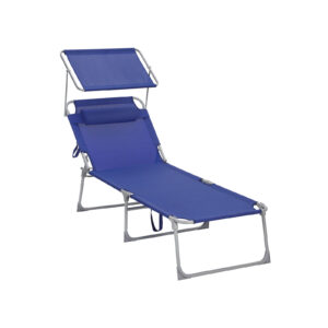 Blue outdoor lounge chair with a metal frame and blue fabric, featuring an adjustable backrest and headrest cushion.