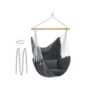 Hanging hammock chair with white rope suspenders, a wooden bar, and gray fabric seat, plus metal chains and carabiner nearby.