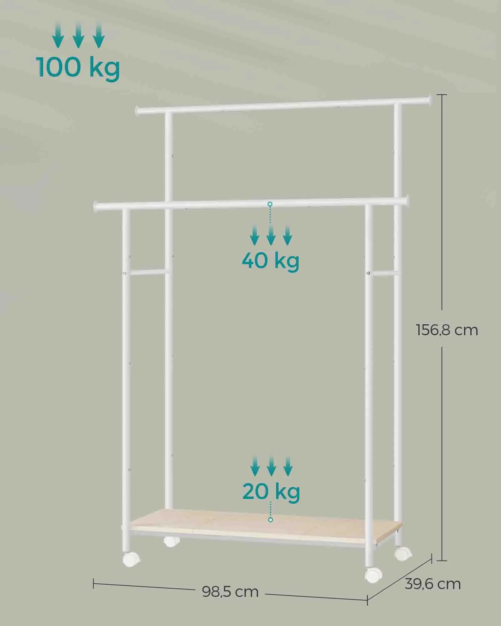 Kabyklos stovas su ratukais 156 cm aukščio, baltas Kabyklos stovas su ratukais 156 cm aukščio, baltas Akcija