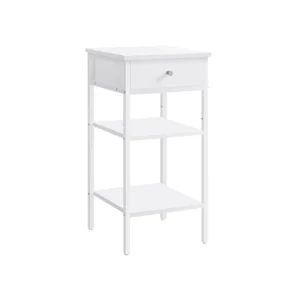 White nightstand with a single drawer and two lower shelves on a slim, white metal frame. Note: compact storage table with a top surface, one centered drawer, and open lower shelves.