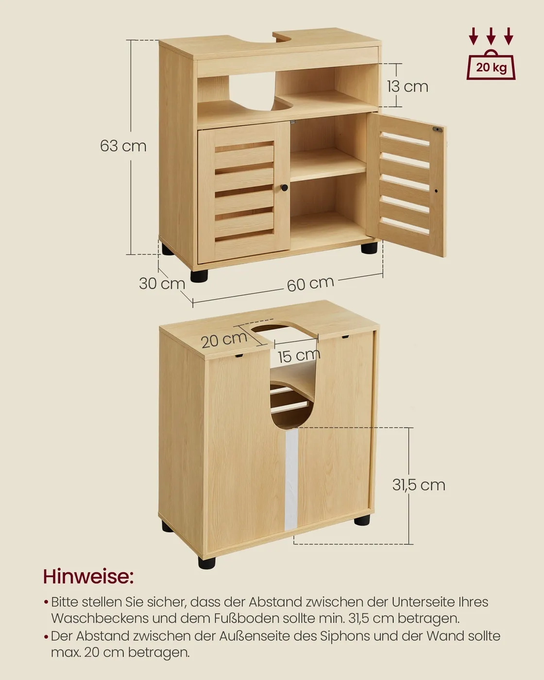 Praustuvo spintelė su 2 durelėmis šviesaus medžio imitacija 60 cm Praustuvo spintelė su 2 durelėmis šviesaus medžio imitacija 60 cm Akcija