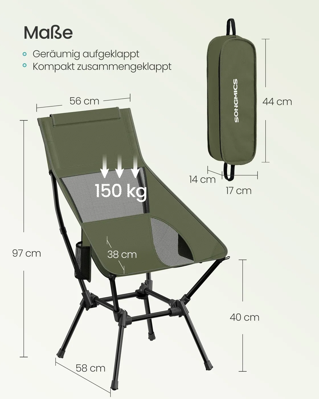 Sulankstoma turistinė kėdė su galvos atrama iki 150 kg žalia Sulankstoma turistinė kėdė su galvos atrama iki 150 kg žalia Akcija