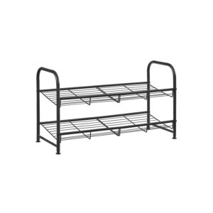Two-tier black metal wire shelving rack with curved end supports on both sides.