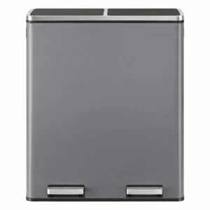 Tall gray trash can with two silver foot pedals at the base and a flat lid on top