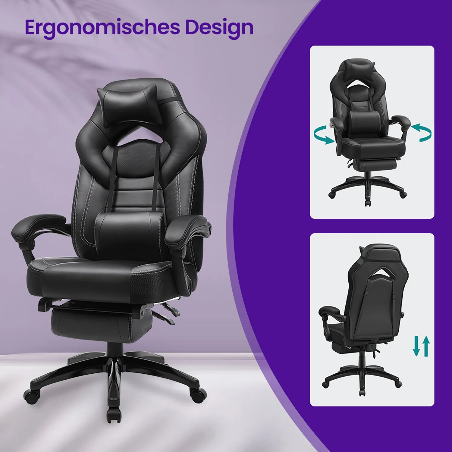 Ergonomiška žaidimų kėdė su pakoju dirbtinės odos, juoda Ergonomiška žaidimų kėdė su pakoju dirbtinės odos, juoda Akcija