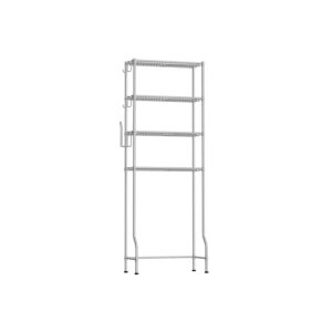 Tall stainless steel four-tier wire shelving unit with hooks on the left side for hanging items.