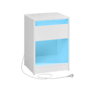 White freestanding cabinet with two-tone blue interior; open front panels reveal blue shelves and lower storage space, with a power cord trailing from the back.