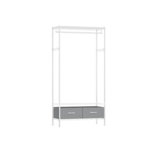 White metal garage storage rack with a hanging rail and two grey drawer fronts at the base.