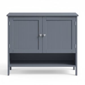 Two-door gray-blue storage cabinet with beadboard panel doors and metal knobs, resting on a simple frame with an open lower shelf.