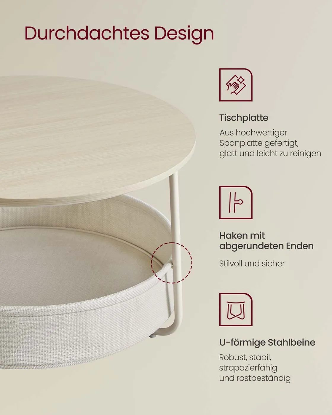 Apvalus kavos staliukas su audiniu natūralios kreminės spalvos 75cm diametro Apvalus kavos staliukas su audiniu natūralios kreminės spalvos 75cm diametro Akcija