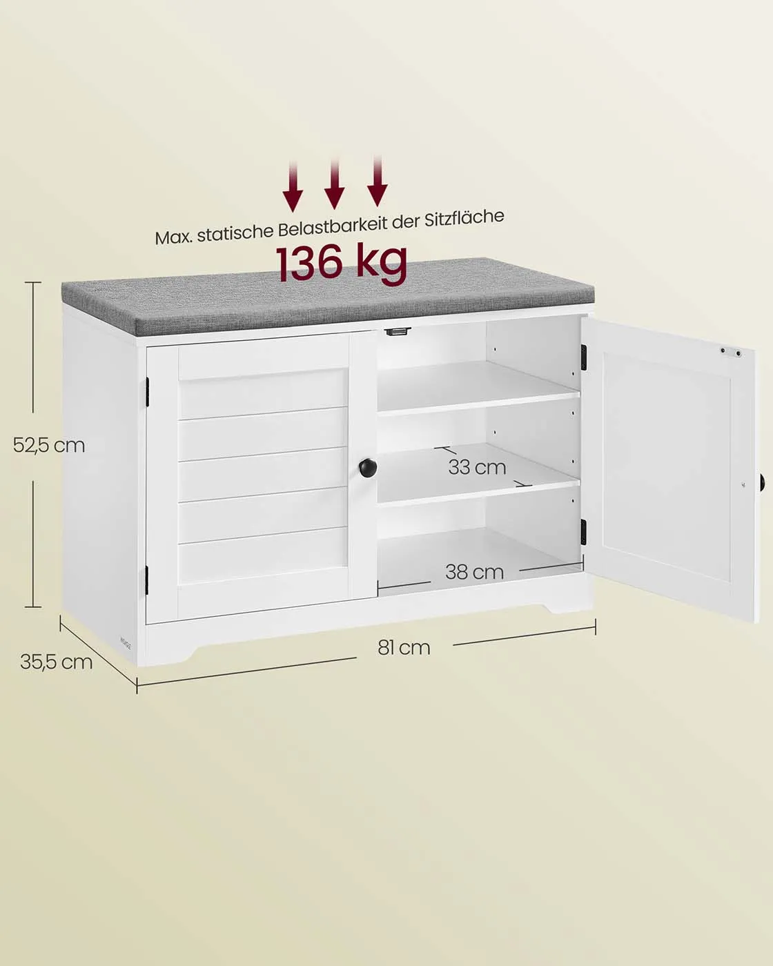Batų suoliukas su durelėmis ir minkšta sėdimąja dalimi, baltas 80cm Batų suoliukas su durelėmis ir minkšta sėdimąja dalimi, baltas 80cm Akcija