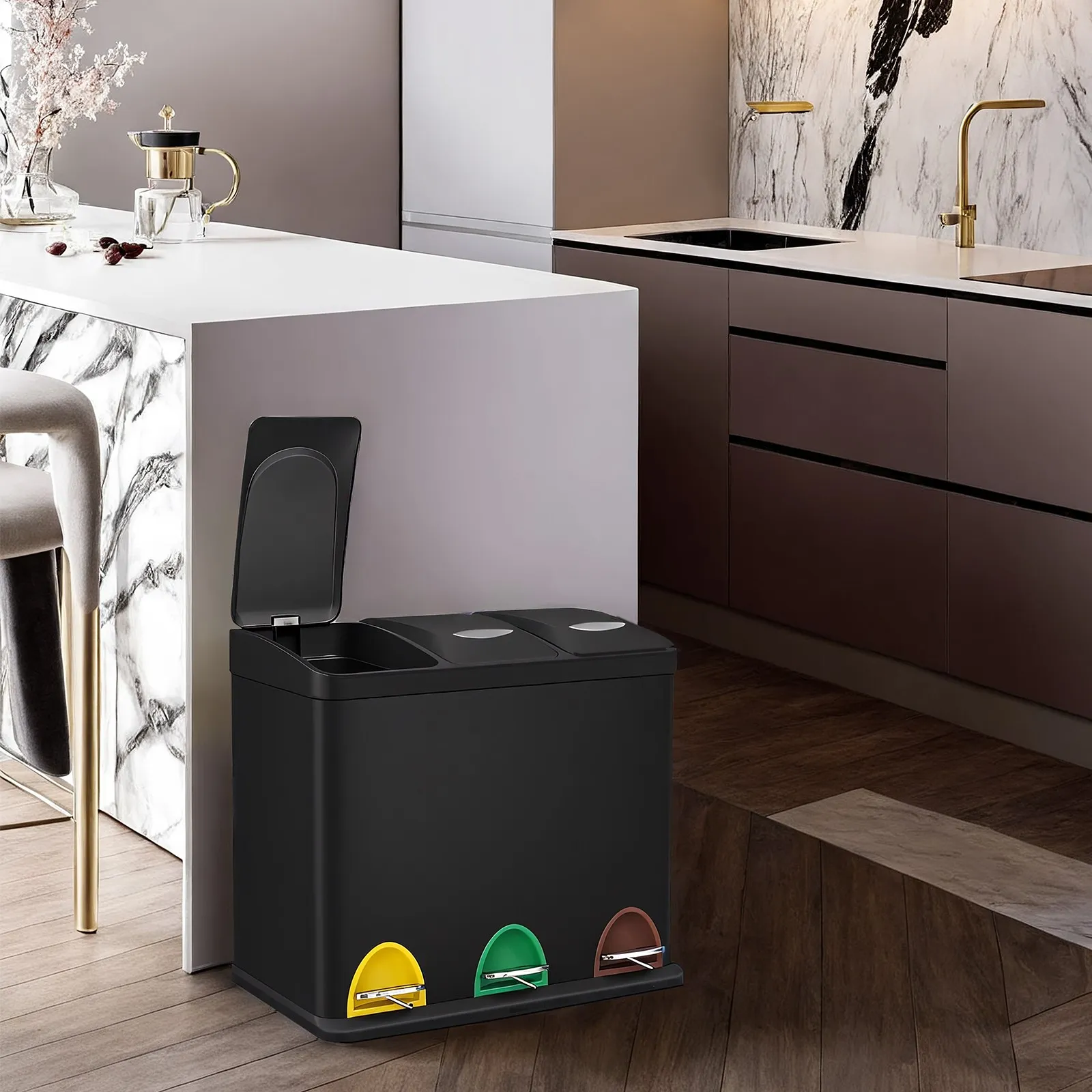 Kompaktiškas šiukšlių dėžė 3 x 8 L virtuvei, juoda Kompaktiškas šiukšlių dėžė 3 x 8 L virtuvei, juoda Akcija