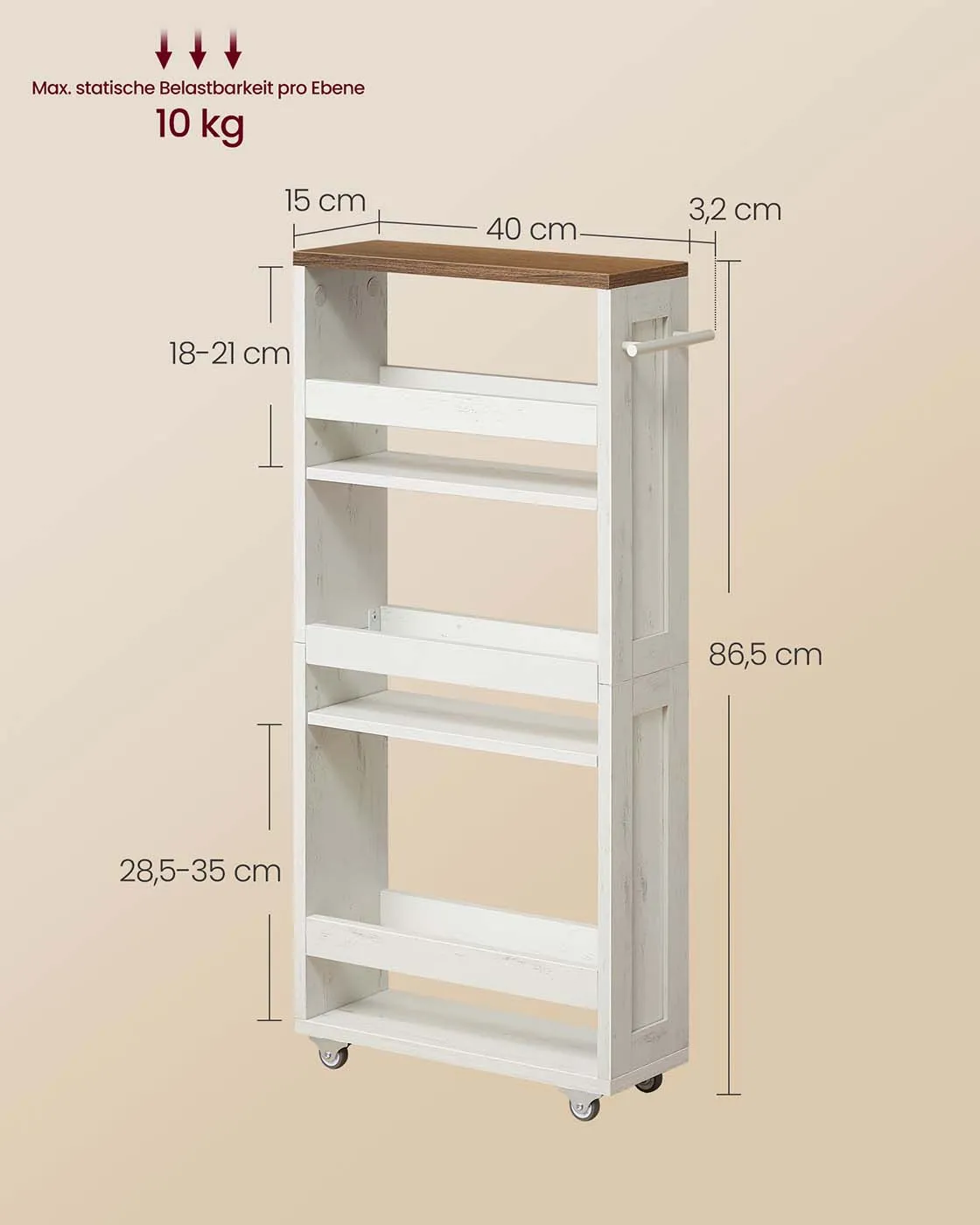 Siauras vežimėlis su keturiomis lentynomis ir rankena 15 x 43.2cm Siauras vežimėlis su keturiomis lentynomis ir rankena 15 x 43.2cm Lentynos