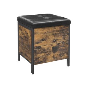 Rectangular storage ottoman with a black padded faux-leather top and distressed wood panels on the sides, metal frame
