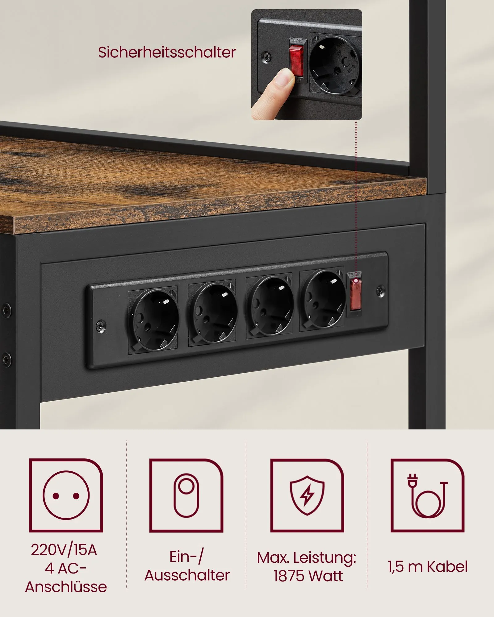 Virtuvės lentyna pastatoma su elektros lizdais ir krepšiu rudos ir juodos spalvos Virtuvės lentyna pastatoma su elektros lizdais ir krepšiu rudos ir juodos spalvos Akcija