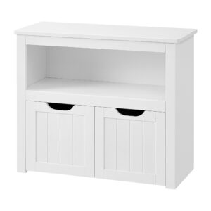 White tall storage cabinet with a flat top and two shallow front drawers featuring curved cutout handles