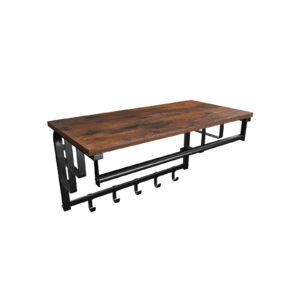 Wooden tabletop with a black metal frame and built-in hooks along the bottom, viewed from a corner angle.