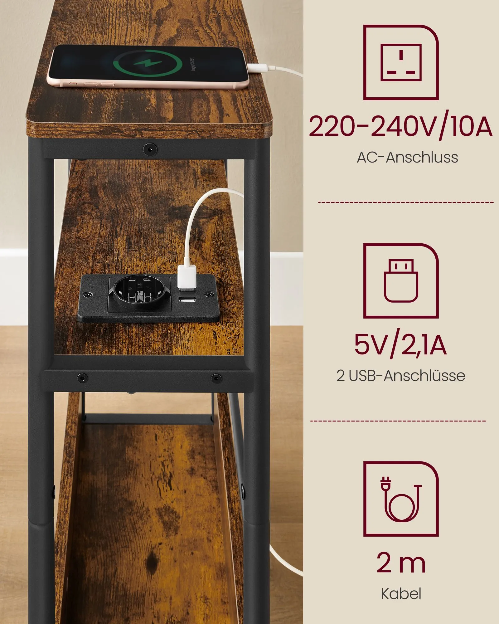 Rudos spalvos šoninė spintelė su elektros lizdu Rudos spalvos šoninė spintelė su elektros lizdu Kavos staliukai