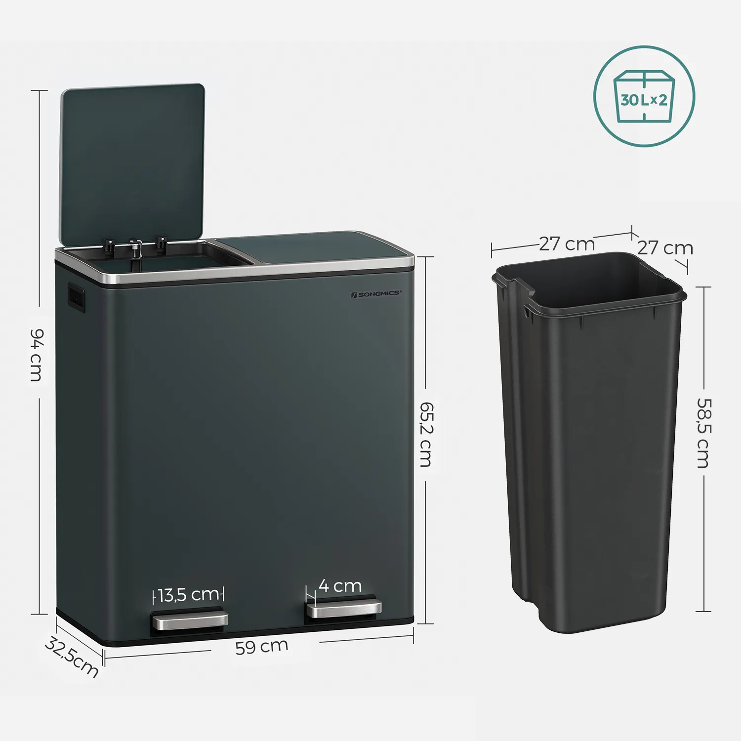 B34LTB60GS 5 balduloftaslt Antracito spalvos dvigubas šiukšlių kibiras 2 x 30 L Akcija