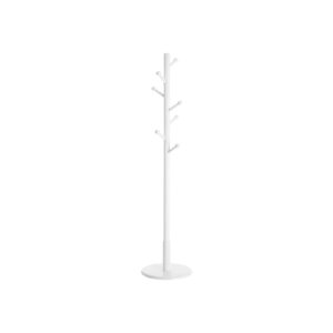 White freestanding coat rack with multiple round hooks on a central pole and circular base.