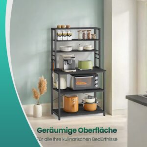 Tall metal kitchen shelf with appliances and pantry items on three shelves, in a bright room with a teal accent panel on the left.