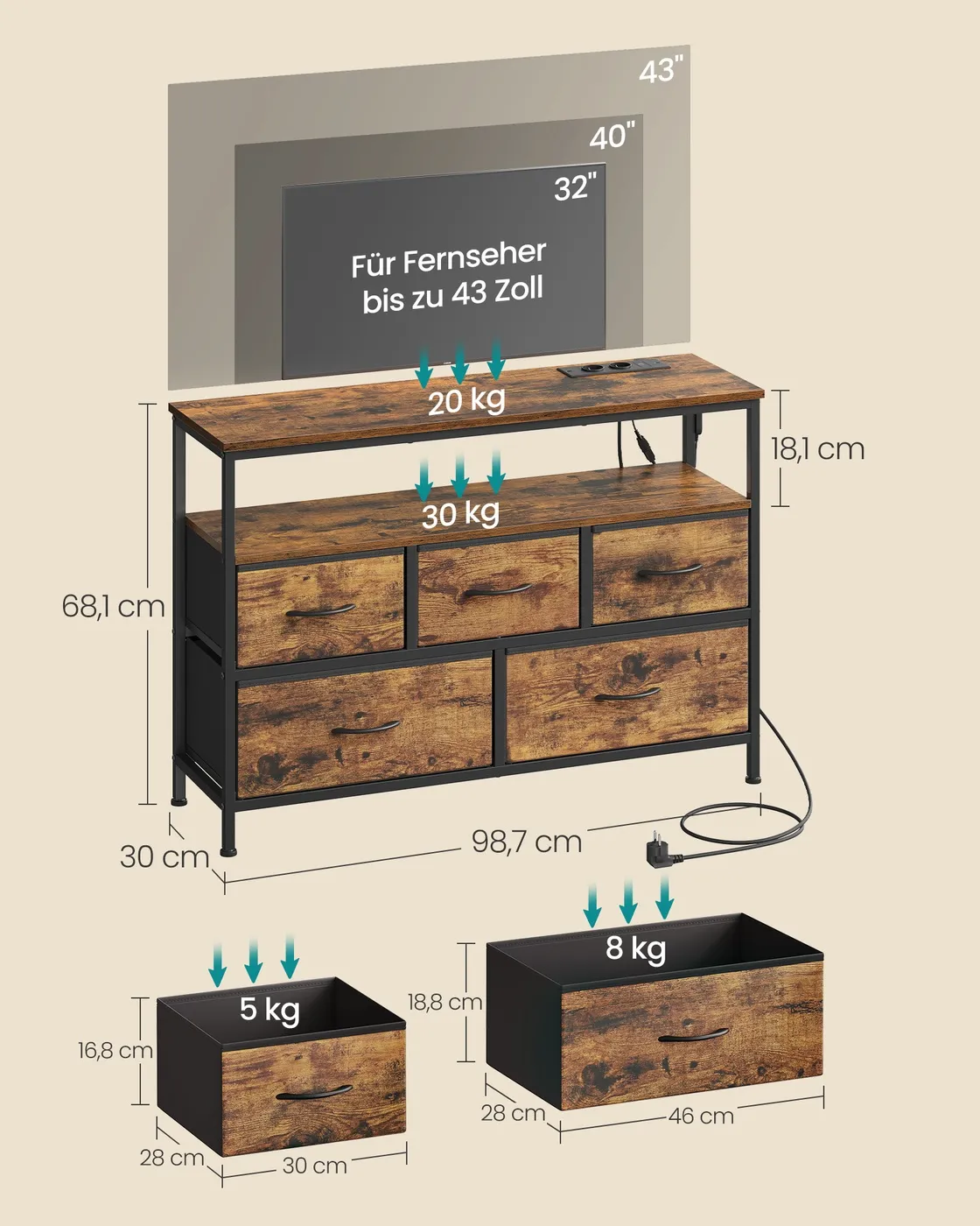 Rudos spalvos komoda su 5 stalčiais 100cm Rudos spalvos komoda su 5 stalčiais 100cm Akcija