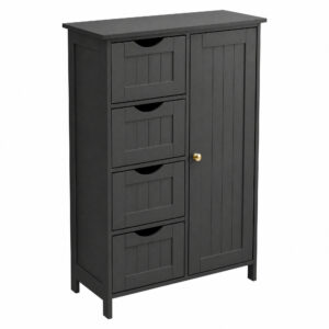 Dark gray wooden storage cabinet with several shallow drawers on the left and a tall paneled door on the right, standing on short legs.