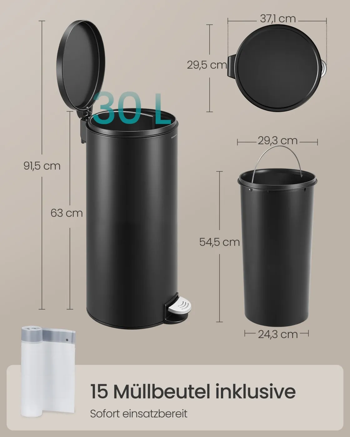 Juoda 30L šiukšliadėžė su pedalu ir 15 maišelių Juoda 30L šiukšliadėžė su pedalu ir 15 maišelių Šiukšliadėžės