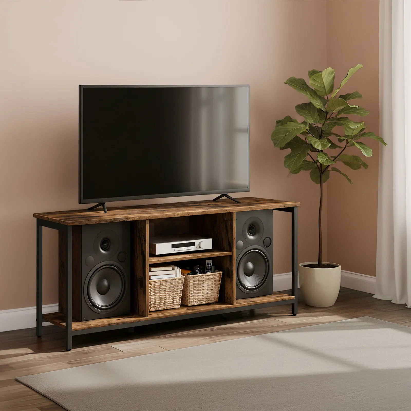TV stalas su lentynomis ruda/juoda 147cm pločio TV stalas su lentynomis ruda/juoda 147cm pločio Akcija