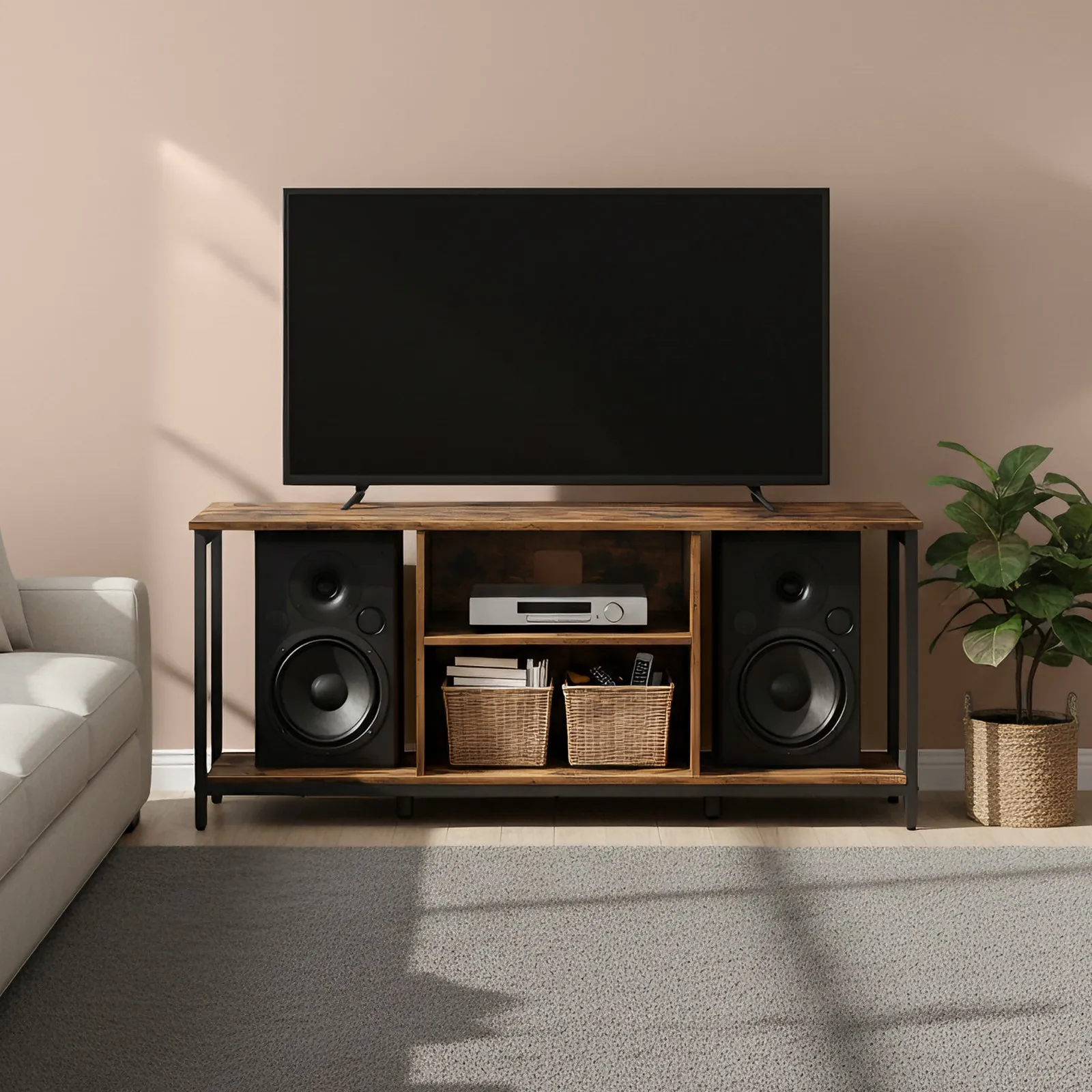 TV stalas su lentynomis ruda/juoda 147cm pločio TV stalas su lentynomis ruda/juoda 147cm pločio Akcija
