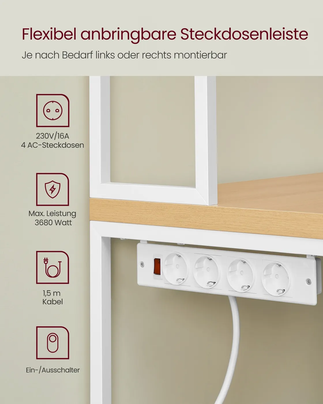 Virtuvinė lentyna su kištukiniais lizdais ir kabliukais ąžuolo ir baltos spalvos 80cm pločio Virtuvinė lentyna su kištukiniais lizdais ir kabliukais ąžuolo ir baltos spalvos 80cm pločio Lentynos