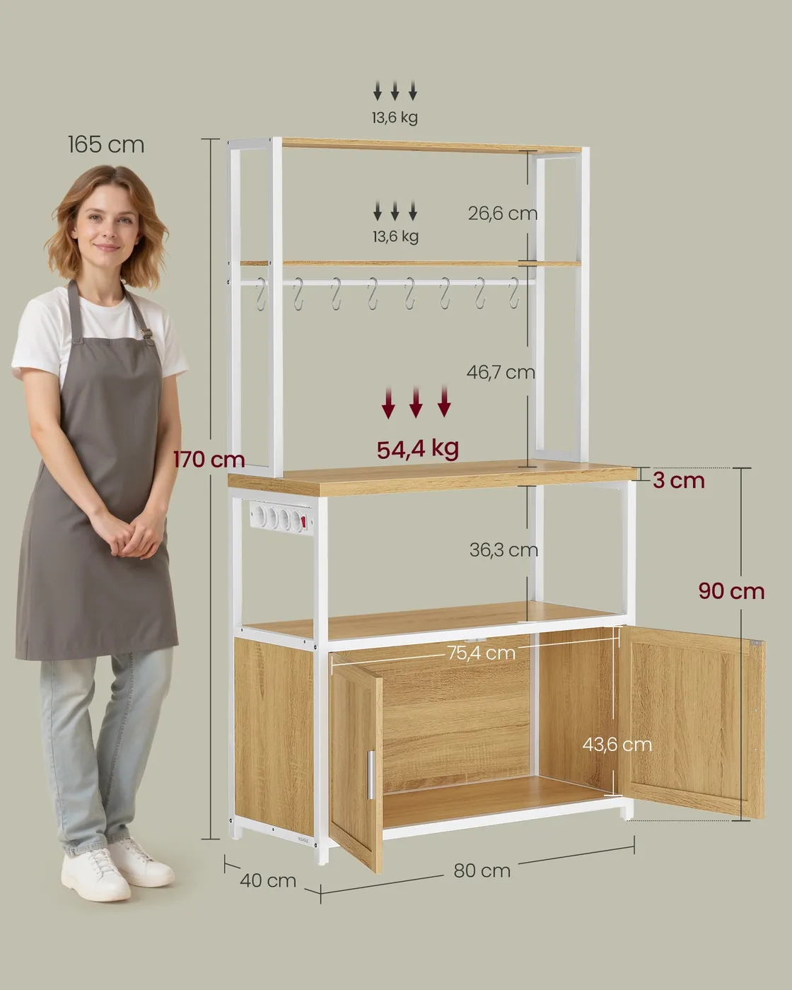 Virtuvinė lentyna su kištukiniais lizdais ir kabliukais ąžuolo ir baltos spalvos 80cm pločio Virtuvinė lentyna su kištukiniais lizdais ir kabliukais ąžuolo ir baltos spalvos 80cm pločio Lentynos