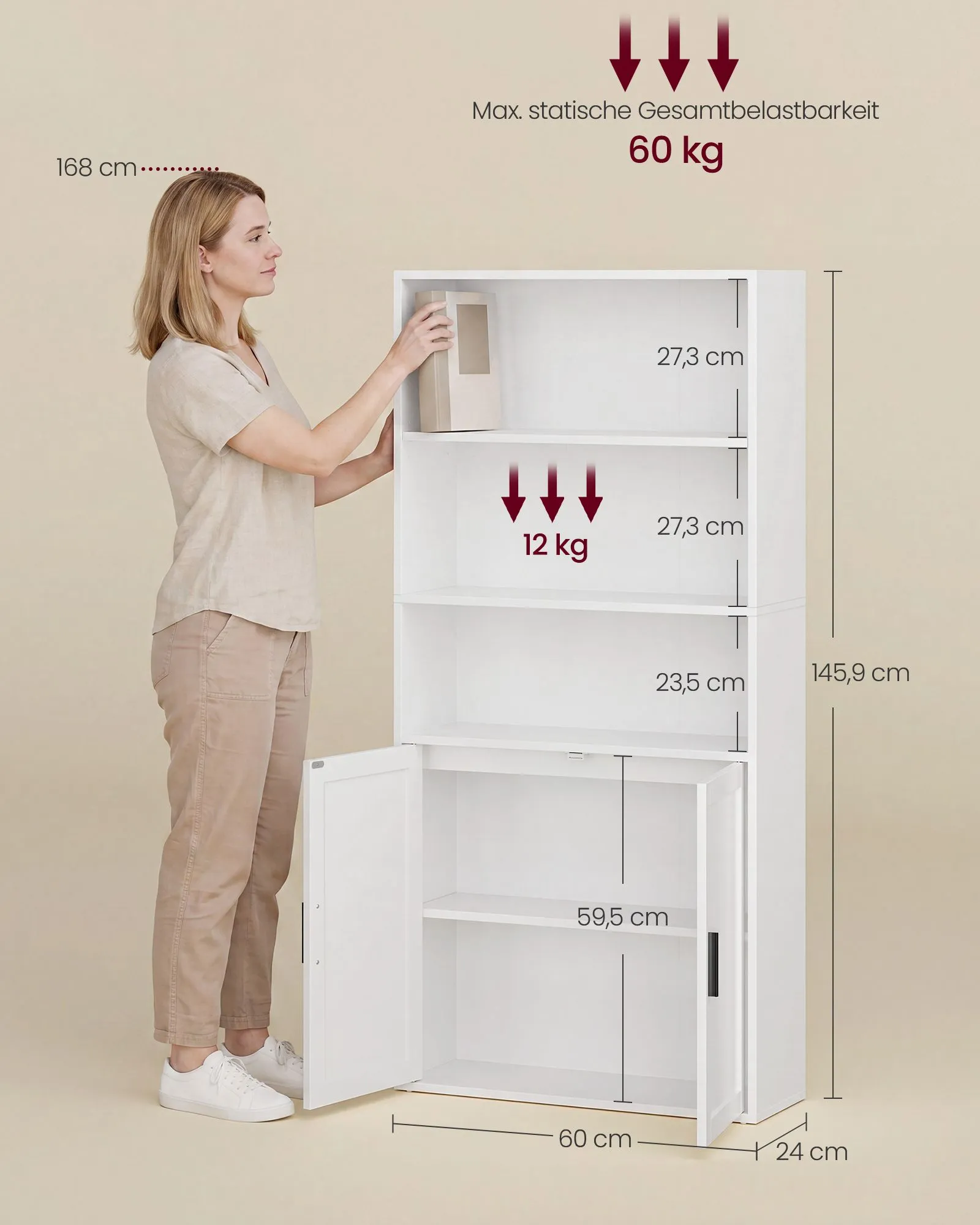 Lentyna su 5 lentynomis ir durelėmis baltos spalvos 60cm pločio Lentyna su 5 lentynomis ir durelėmis baltos spalvos 60cm pločio Knygų lentynos