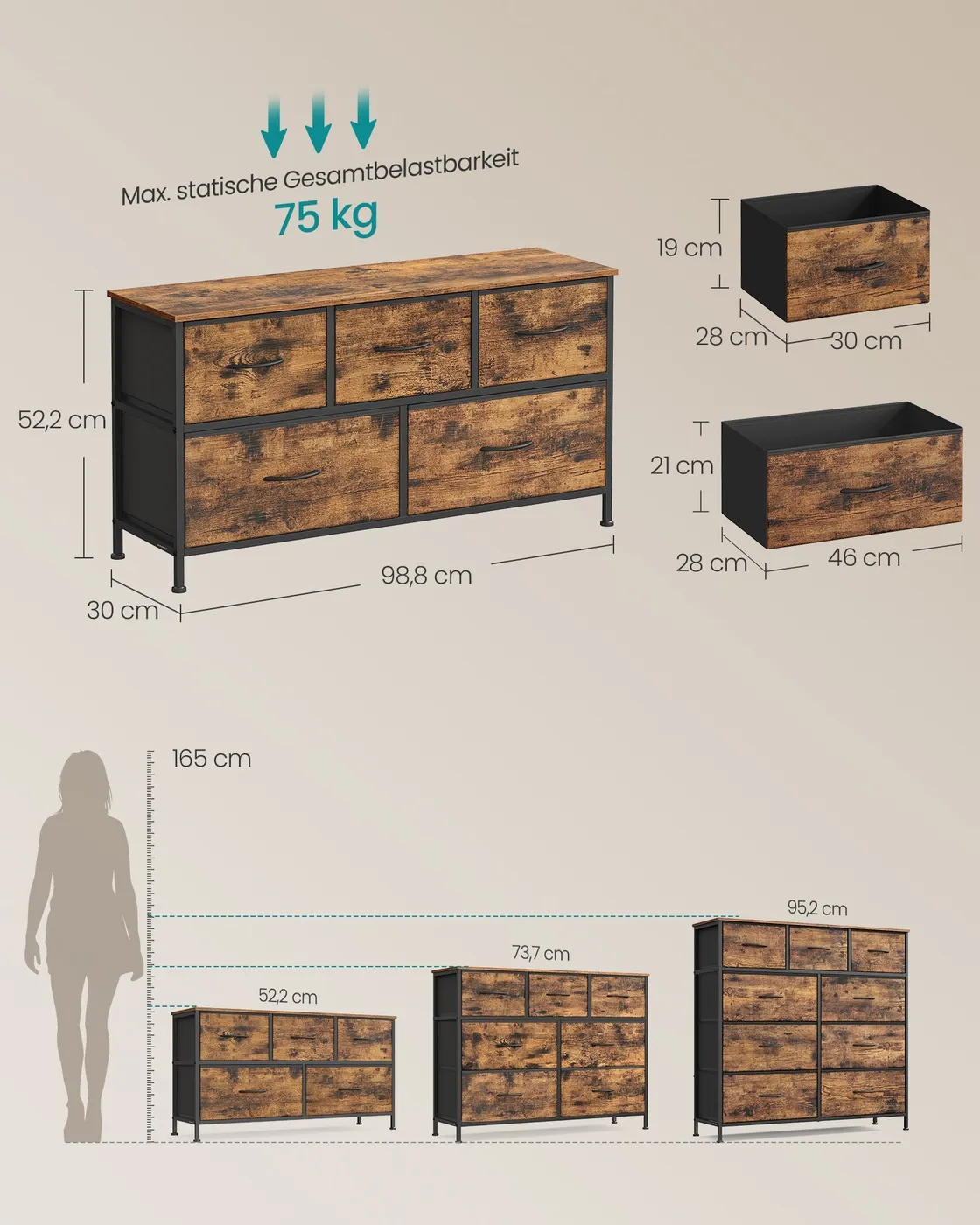 Spintelė su 5 audinių stalčiais rudos ir juodos spalvos 100 x 30cm Spintelė su 5 audinių stalčiais rudos ir juodos spalvos 100 x 30cm Komodos