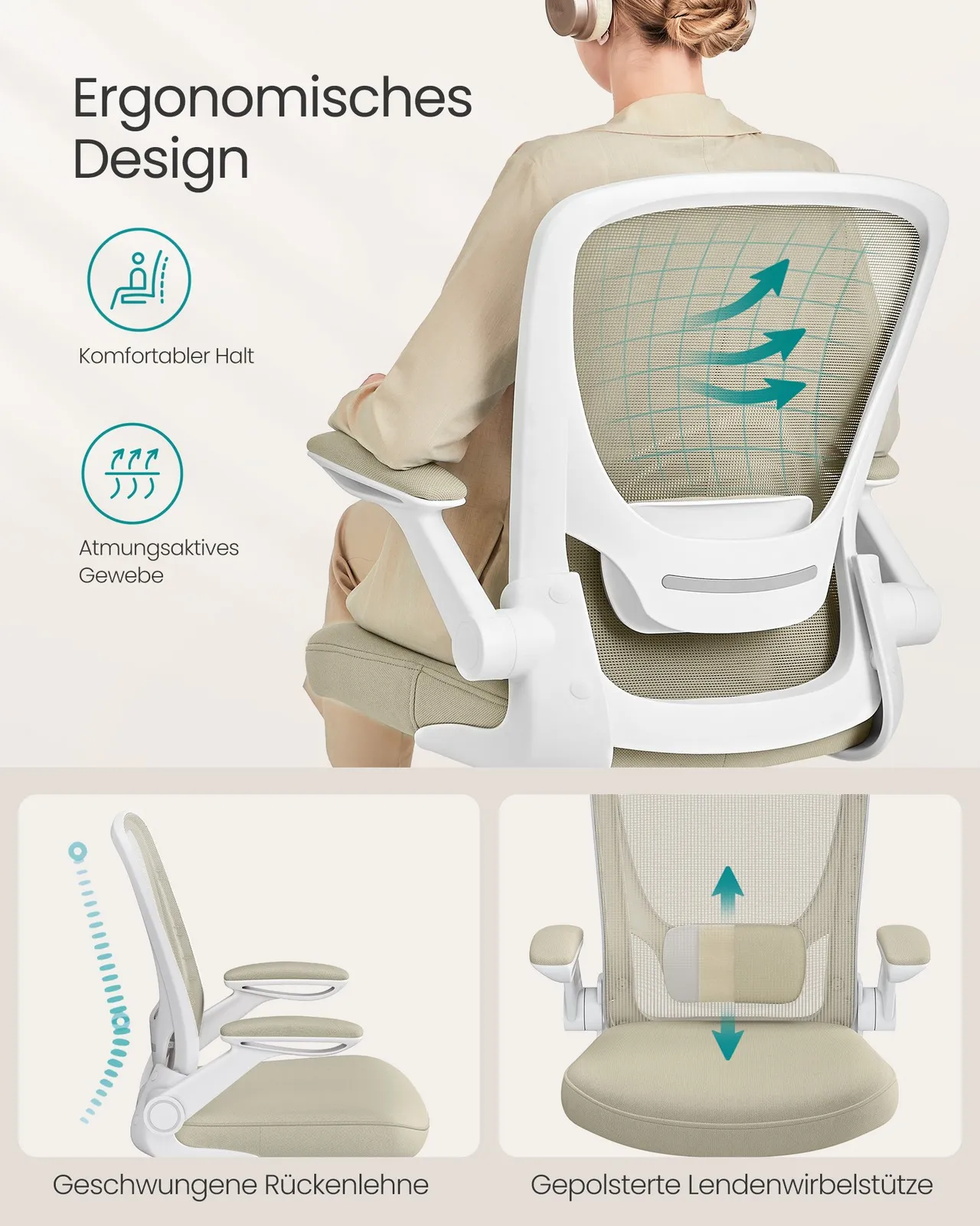 Ergonomiška smėlio spalvos biuro kėdė su tinklu Ergonomiška smėlio spalvos biuro kėdė su tinklu Biuras