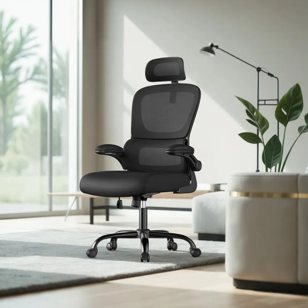 Juoda ergonominė biuro kėdė su tinkliniu atlošu Juoda ergonominė biuro kėdė su tinkliniu atlošu Biuras